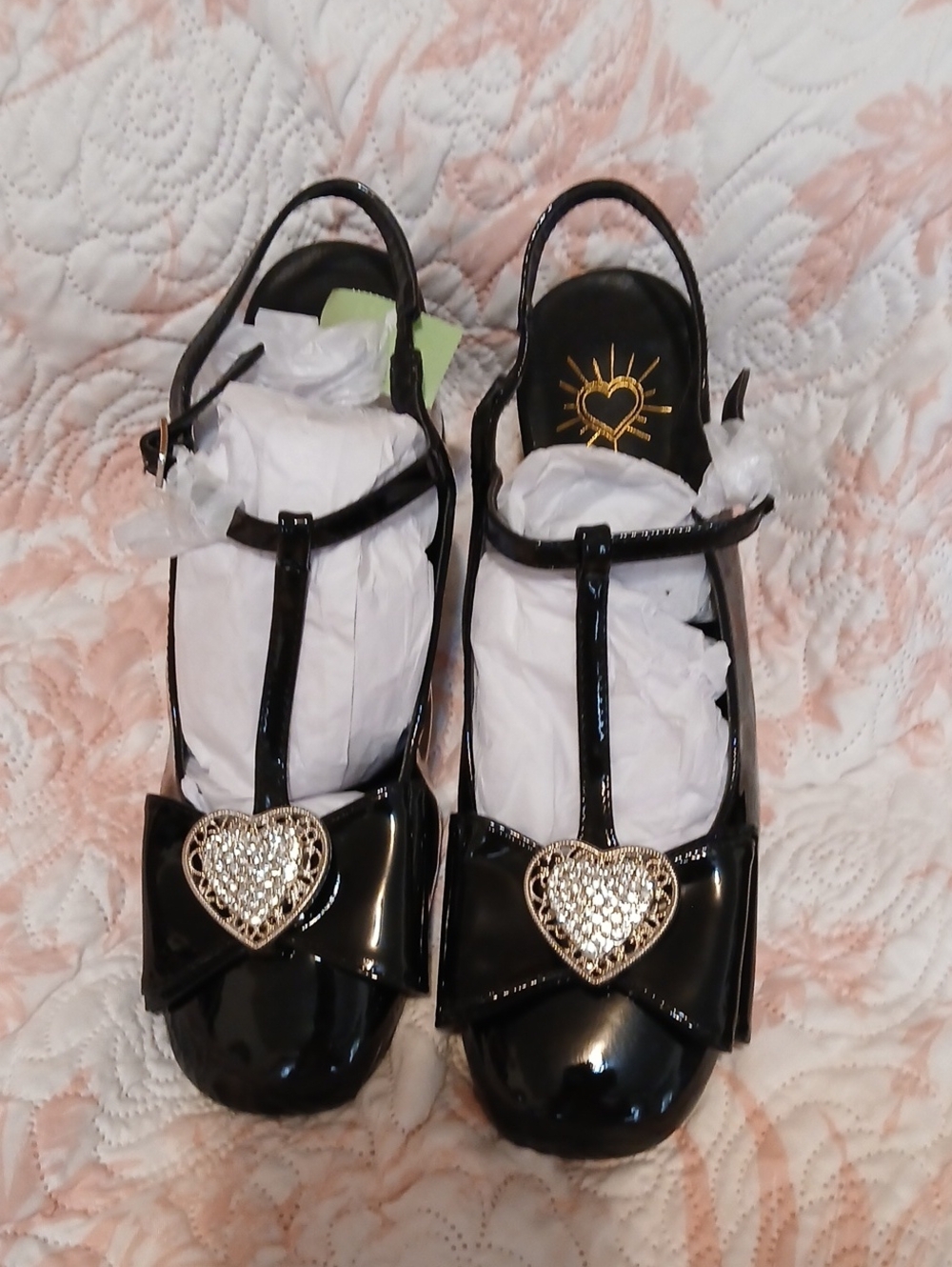 Womens Black Patent T-Strap Dress Shoes with Gold Heart Accent